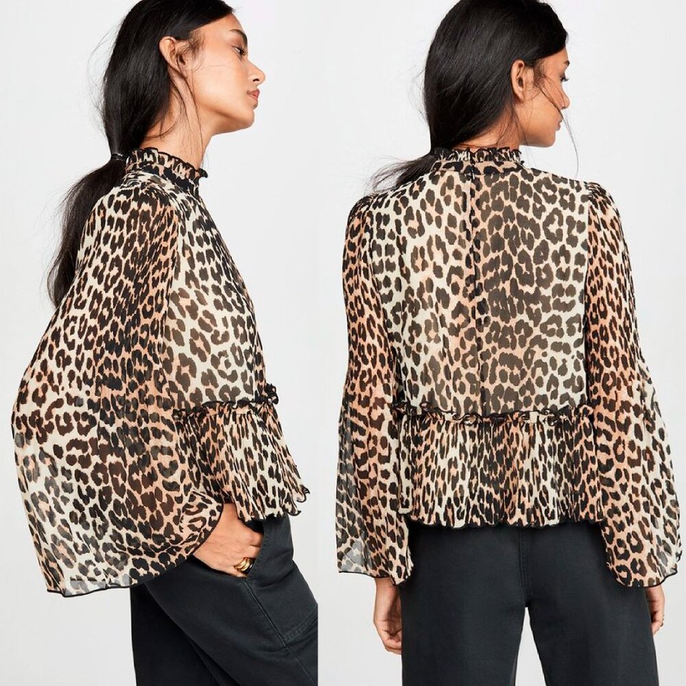 GANNI Pleated Georgette Leopard Print Blouse - Picture 3 of 7